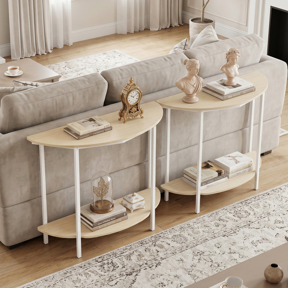 Half moon console table with oak finish, featuring two tiers and storage shelves, ideal for entryway organization.