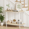 Half moon console table with oak finish, featuring a 2-tier design and storage shelf, perfect for entryway organization.