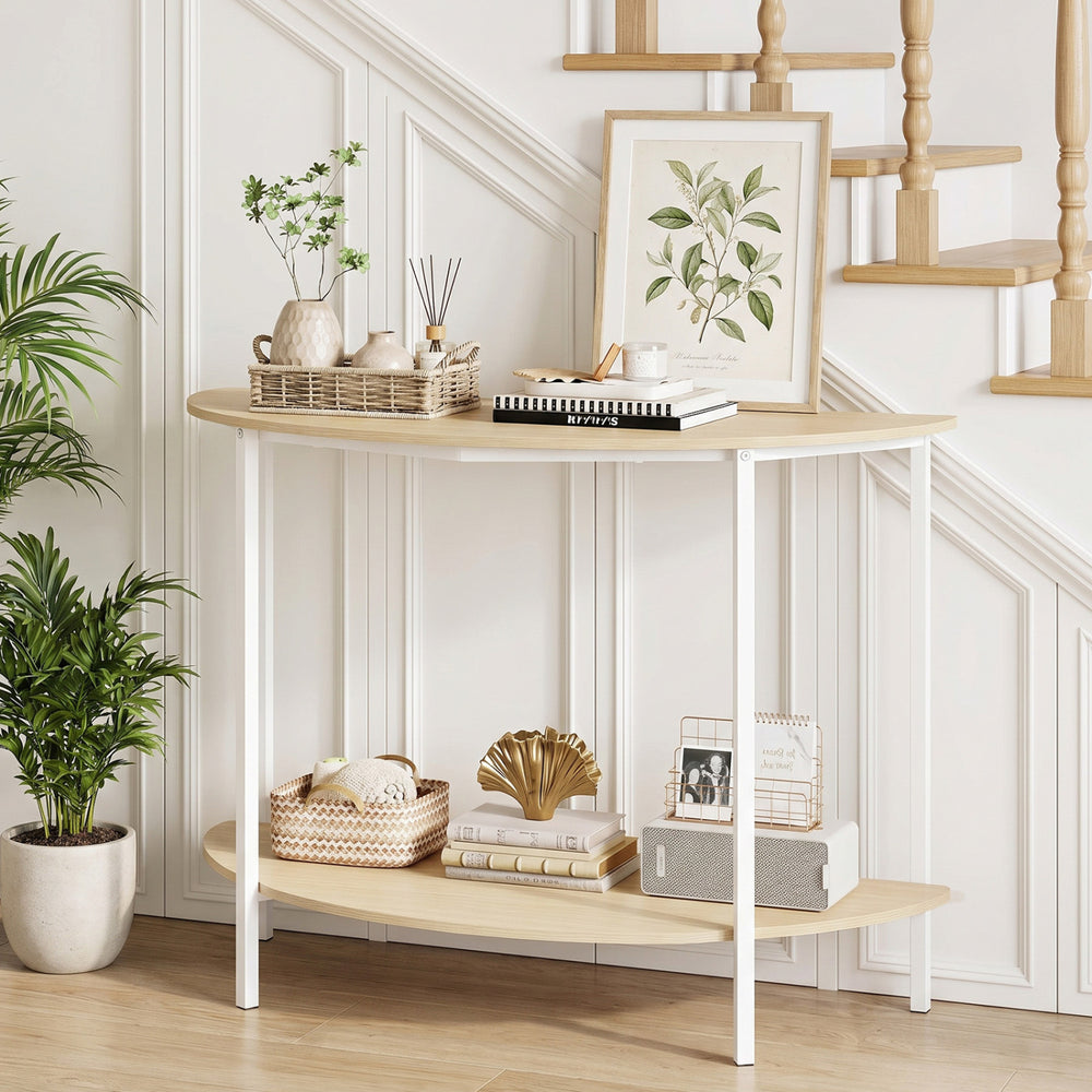 Half moon console table with oak finish, featuring a 2-tier design and storage shelf, perfect for entryway organization.