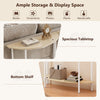 Half moon console table with spacious tabletop and bottom shelf for storage, designed in oak for entryway display.