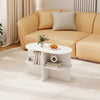 Half round end table in white with open shelves, perfect for small spaces in living room or bedroom.