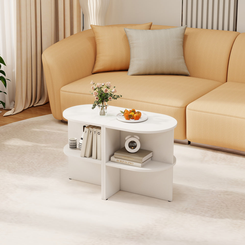 Half round end table in white with open shelves, perfect for small spaces in living room or bedroom.