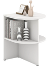 Half round end table in white with open shelves, ideal for small spaces, perfect for living room or bedroom use.