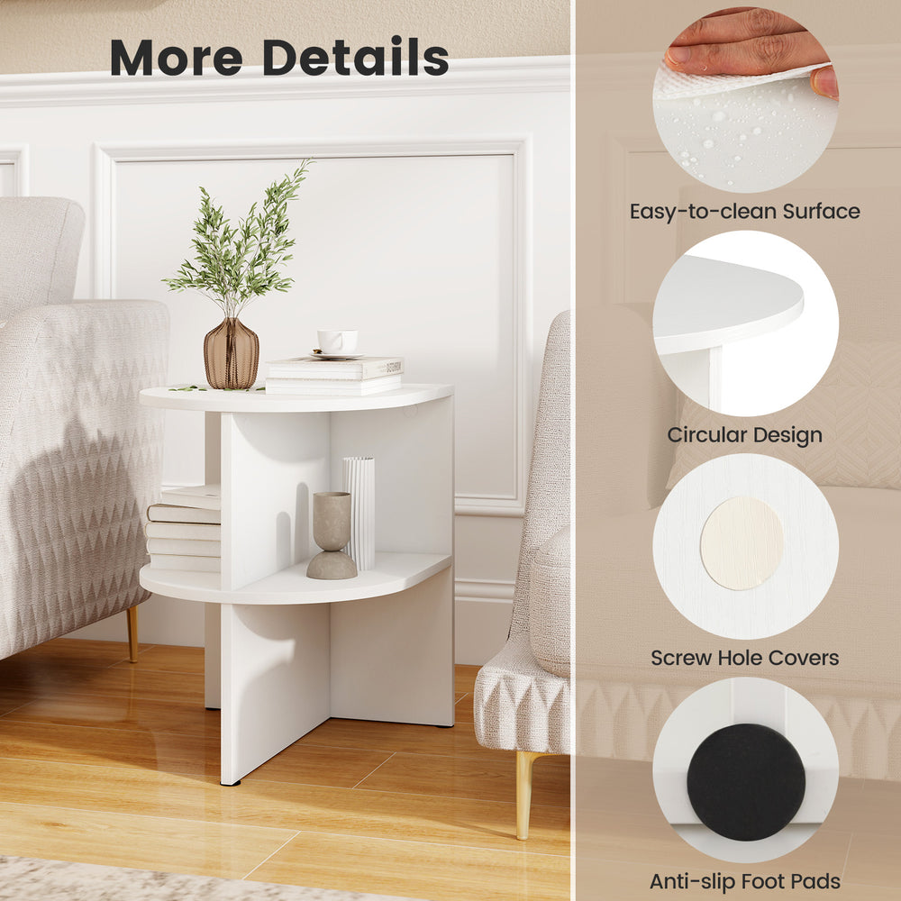 Half round end table in white with open shelves, featuring a circular design and anti-slip foot pads for stability.