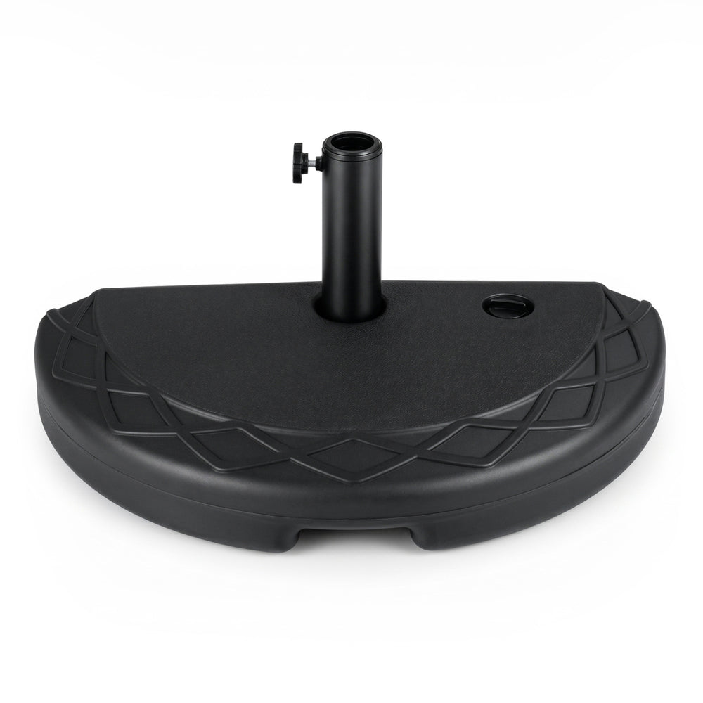 Half round patio umbrella base, 44 lbs, designed for 7-8 ft umbrellas, refillable with water or sand for stability.