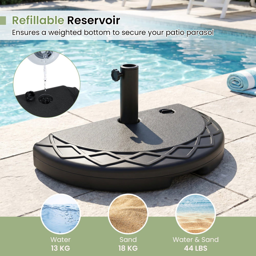 Half round patio umbrella base with refillable reservoir, holds 44 lbs, designed for stability against walls.