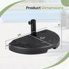 Half round patio umbrella base with adjustable knob, designed for 7-8 ft umbrellas, dimensions shown for easy reference.