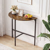 Half-moon console table in rustic brown showcases a smooth surface and decorative elements, adding charm to any room.