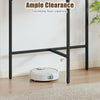 Half-moon console table in rustic brown with ample clearance for easy floor cleaning and a sturdy metal frame.