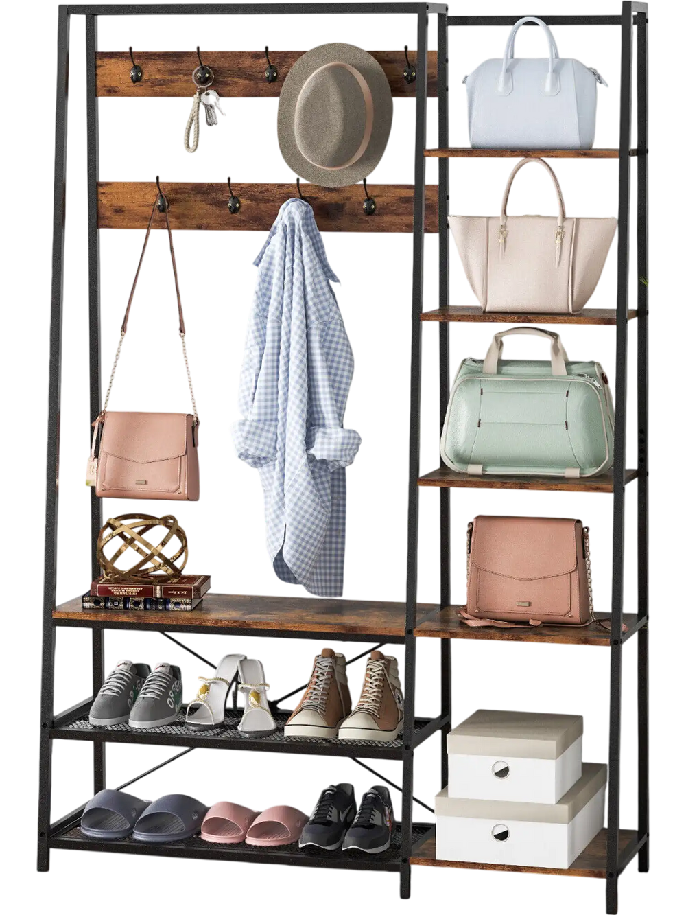 5-in-1 entryway hall tree in rustic brown with 9 hooks and shelves, perfect for organizing coats and shoes.