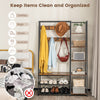 5-in-1 entryway hall tree in rustic brown with 9 hooks and shelves, perfect for organizing shoes and accessories.