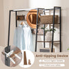 5-in-1 entryway hall tree in rustic brown with 9 hooks and storage bench, featuring anti-tipping device for safety.