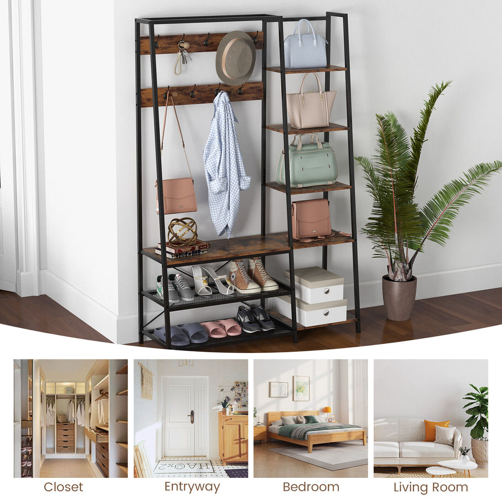 Rustic brown entryway hall tree side view featuring a shoe bench and 9 hooks, ideal for organized entryway storage.