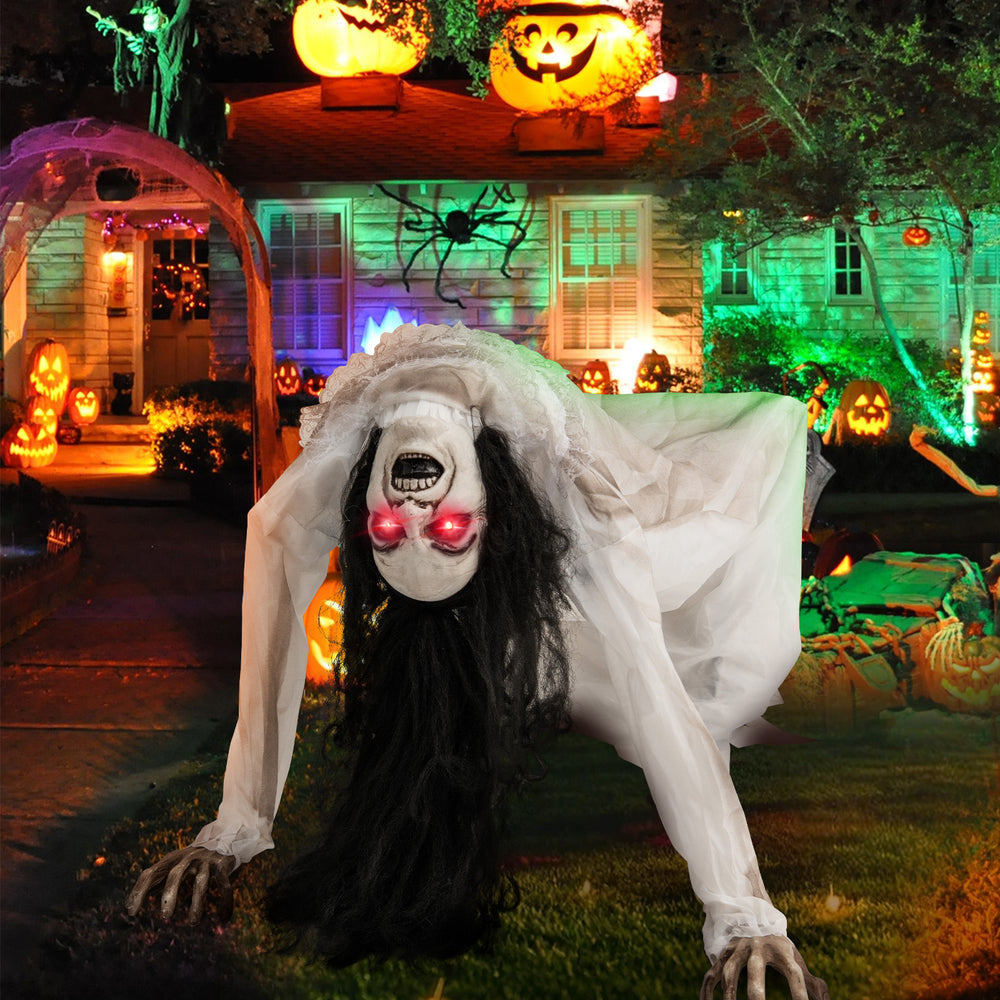 Lifelike Halloween animatronic crawling woman ghost with LED eyes, designed for spooky indoor and outdoor decoration.