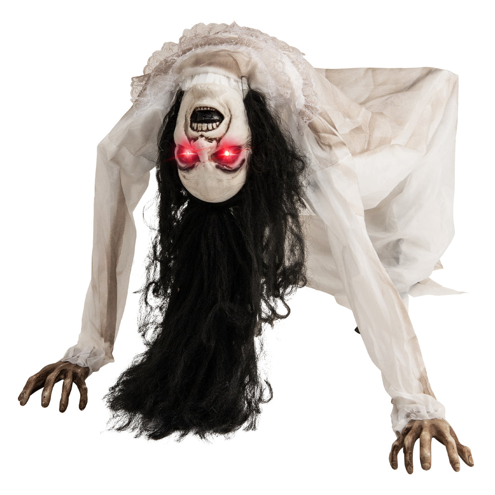 Crawling woman ghost decoration with LED eyes, sound effects, and durable polyester fabric for Halloween indoor/outdoor.