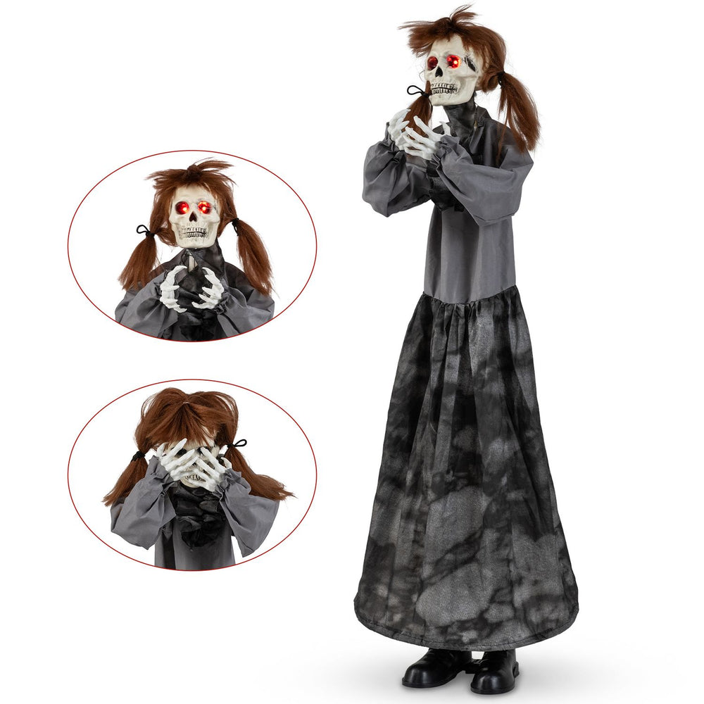 Halloween animatronic jumpscare doll features a pop-up head, glowing eyes, and posable arms for thrilling scares.