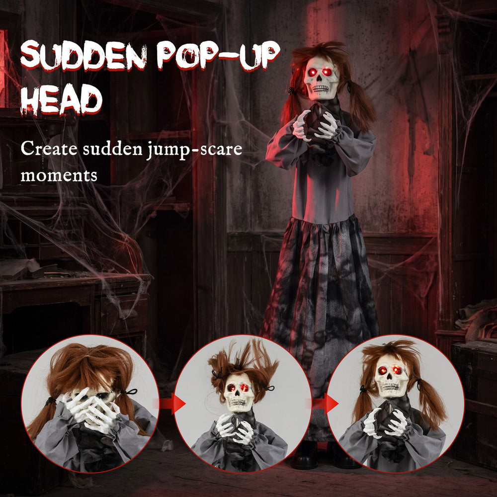 Halloween animatronic jumpscare doll features a sudden pop-up head, glowing eyes, and sound activation for thrilling scares.
