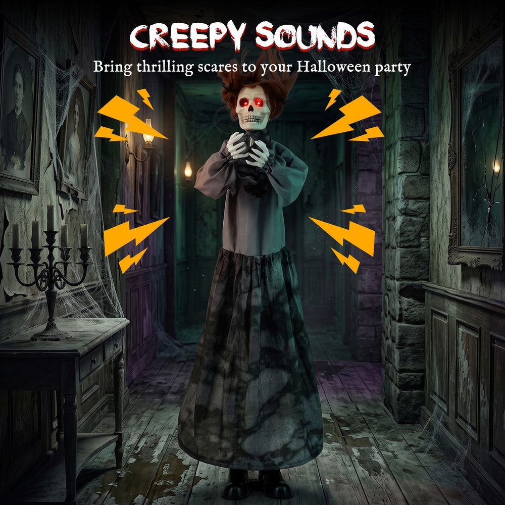 Halloween animatronic jumpscare doll features a pop-up head, glowing eyes, and sound activation for thrilling scares.