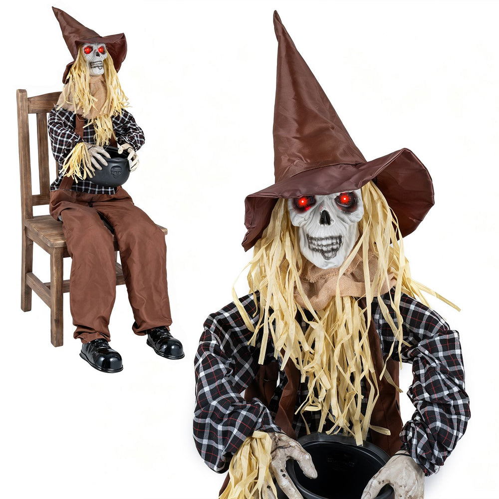 Sitting Halloween animatronic scarecrow with glowing red eyes, candy bowl, and sound-activated spooky features.