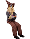 Eerie Halloween animatronic sitting scarecrow with glowing red eyes and a cauldron-shaped candy bowl for trick-or-treaters.