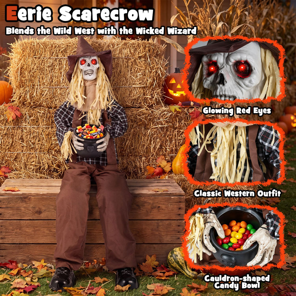 Eerie sitting scarecrow with glowing red eyes and cauldron-shaped candy bowl, perfect for Halloween trick-or-treaters.