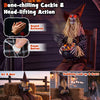 Eerie Halloween animatronic sitting scarecrow with glowing red eyes and candy bowl, perfect for trick-or-treaters.