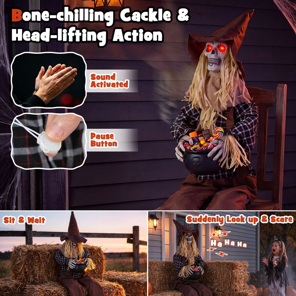 Eerie Halloween animatronic sitting scarecrow with glowing red eyes and candy bowl, perfect for trick-or-treaters.
