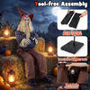 Sitting Halloween animatronic scarecrow with glowing red eyes and candy bowl, perfect for trick-or-treaters' spooky fun.