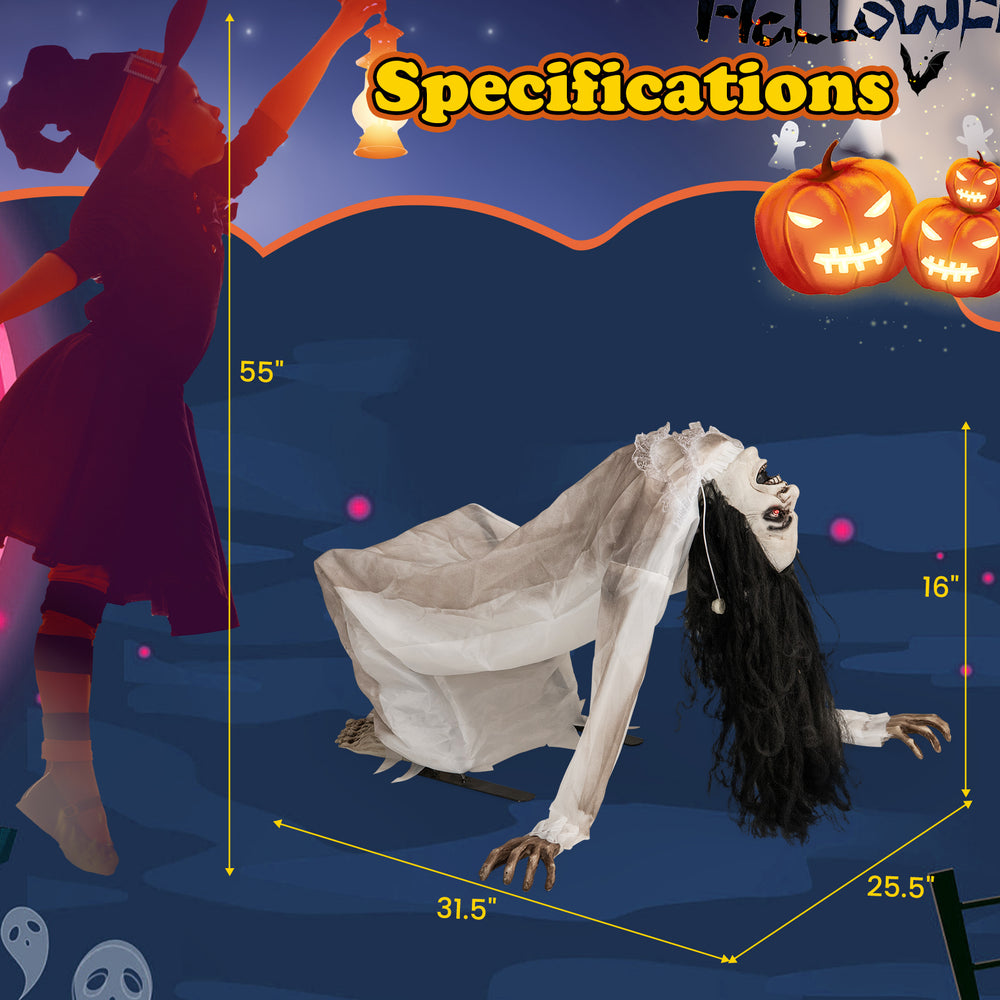 Crawling woman ghost decoration with LED eyes, 55 inches tall, perfect for spooky Halloween indoor or outdoor use.