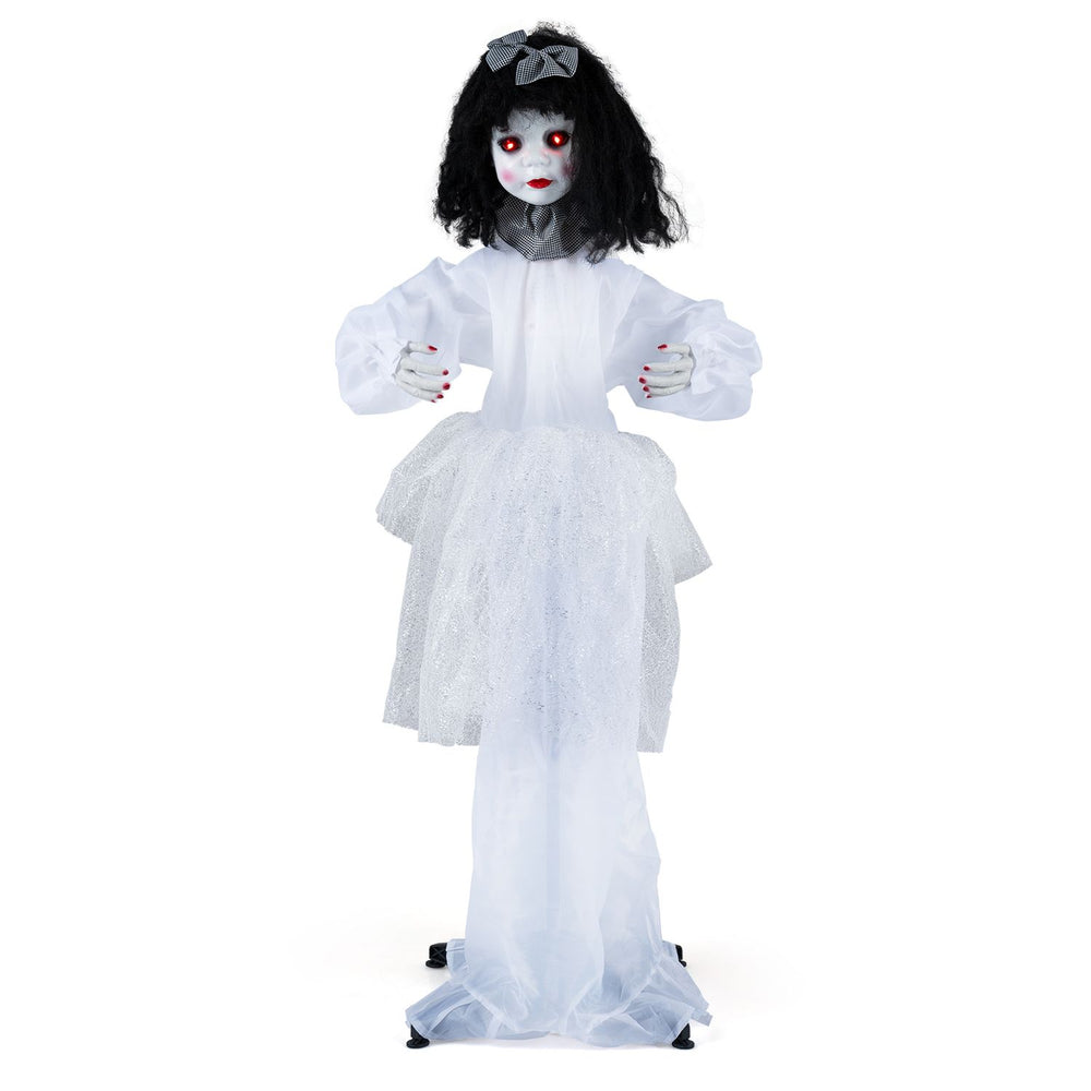 Halloween doll girl in a white dress with glowing eyes and a shakeable head, ideal for creating eerie Halloween displays.