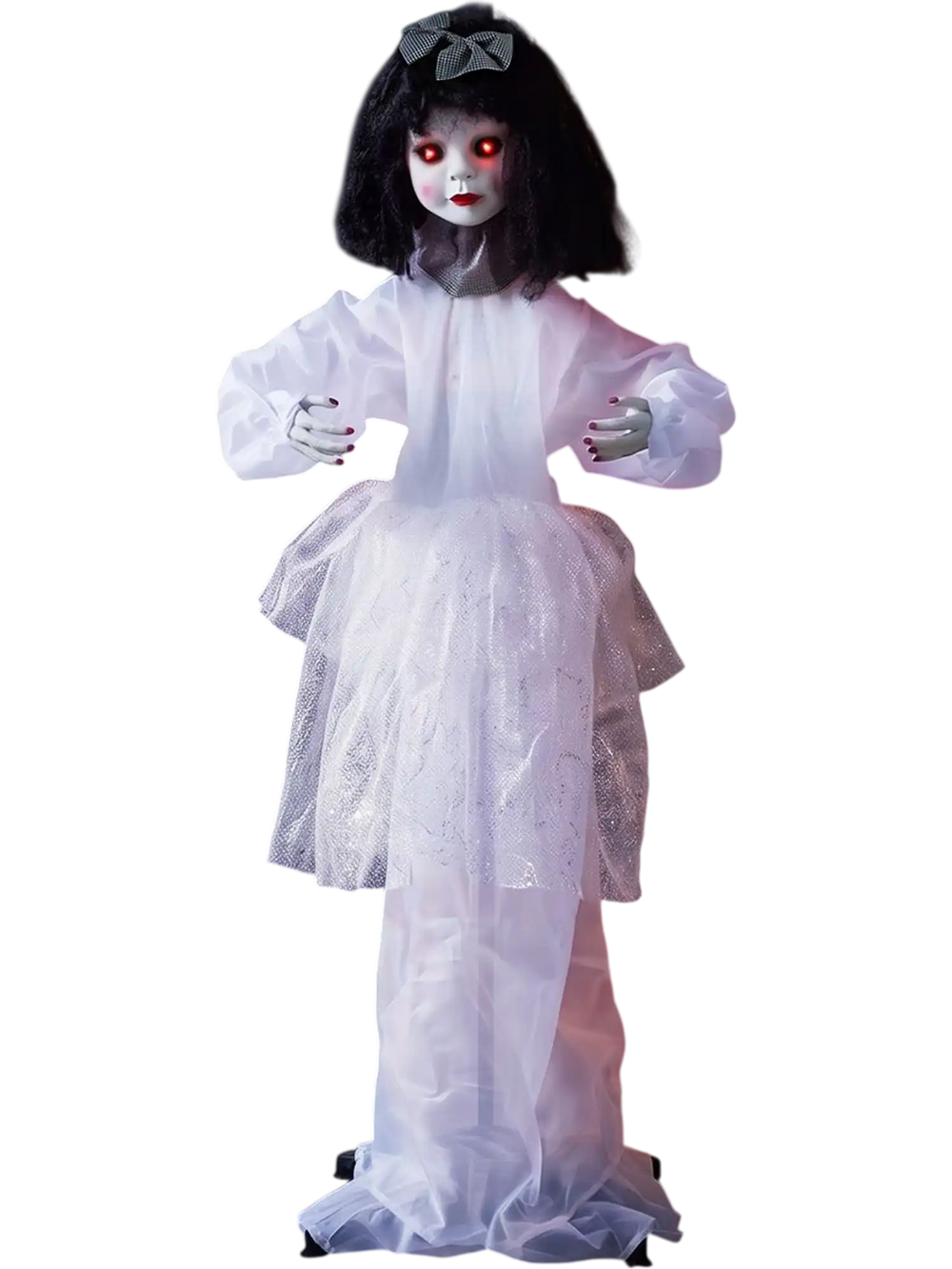 Halloween doll girl with shakeable head, posable arms, and glowing eyes for spooky decorations and thrilling scares.