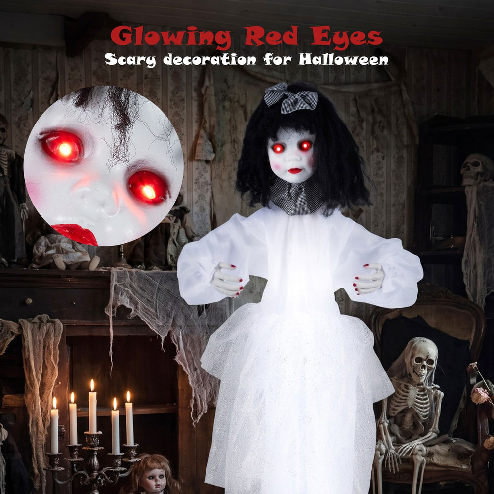 Halloween doll girl with glowing red eyes, shakeable head, and posable arms for spooky Halloween decorations.