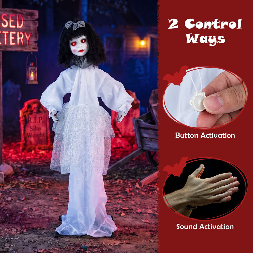 Halloween doll girl with glowing eyes, shakeable head, and posable arms for spooky decorations and thrilling scares.