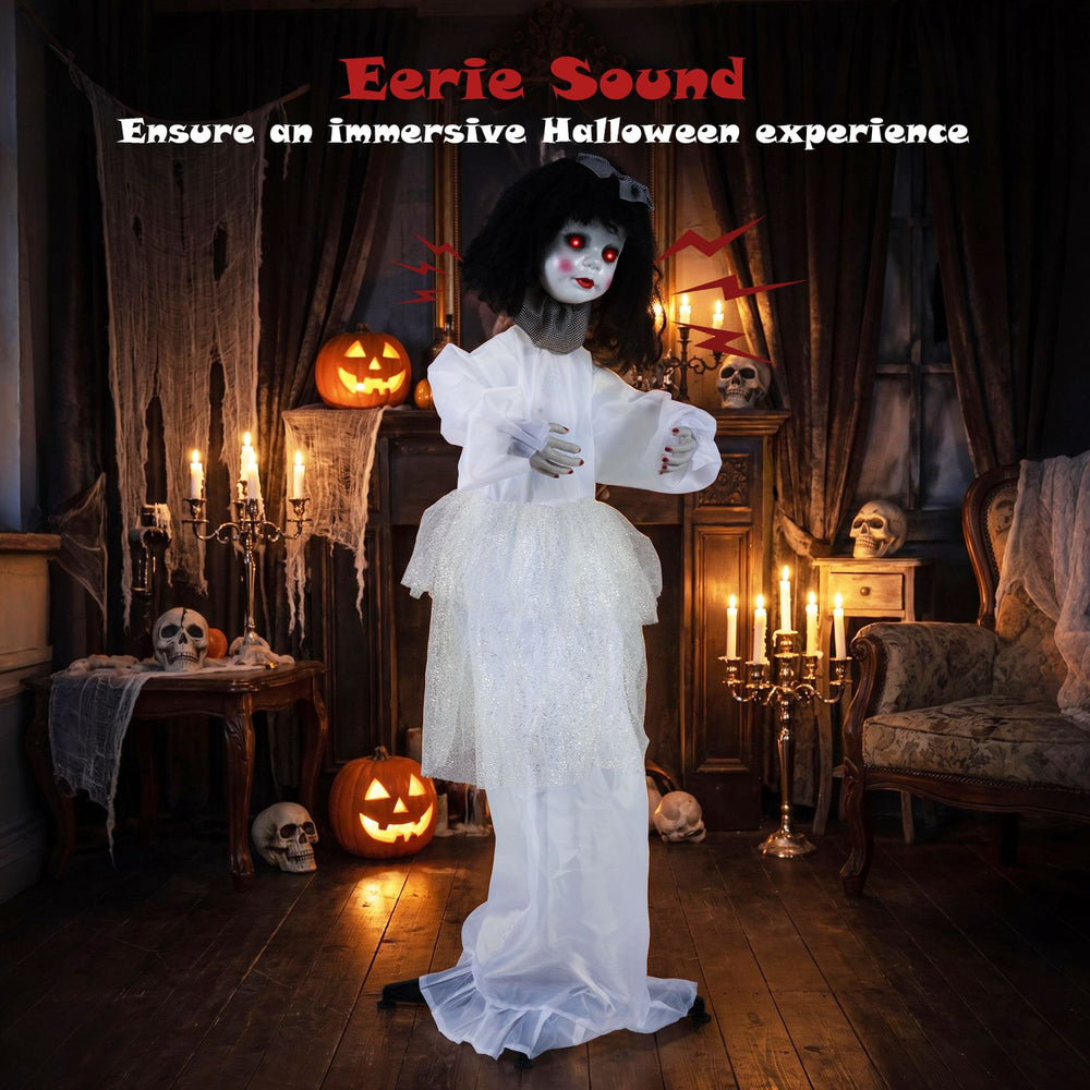 Halloween doll girl with shakeable head and posable arms, featuring glowing eyes and spooky sounds for thrilling scares.