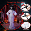Halloween doll girl with glowing eyes, shakeable head, and posable arms for spooky decorations and easy assembly.