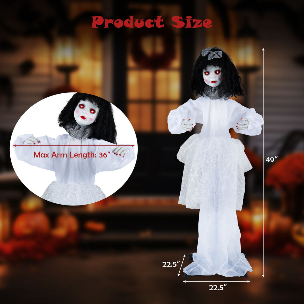 Halloween doll girl with shakeable head, posable arms, and glowing eyes, perfect for spooky decorations and scares.