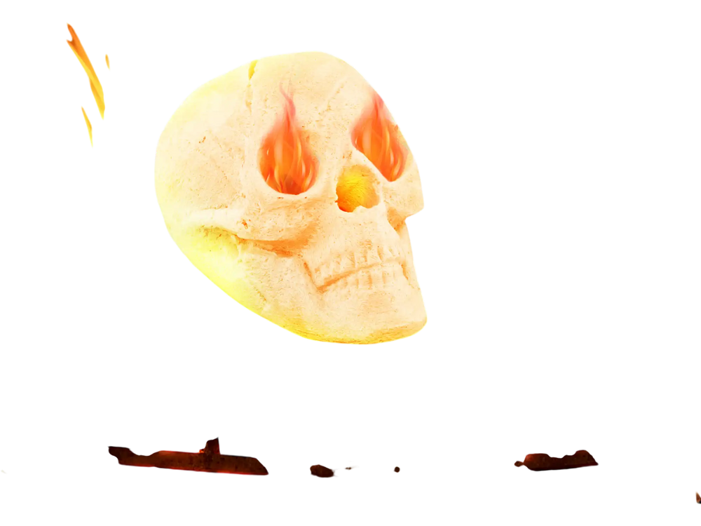 Realistic beige skull decoration with fiery eyes, perfect for Halloween ambiance in fire pits or haunted houses.