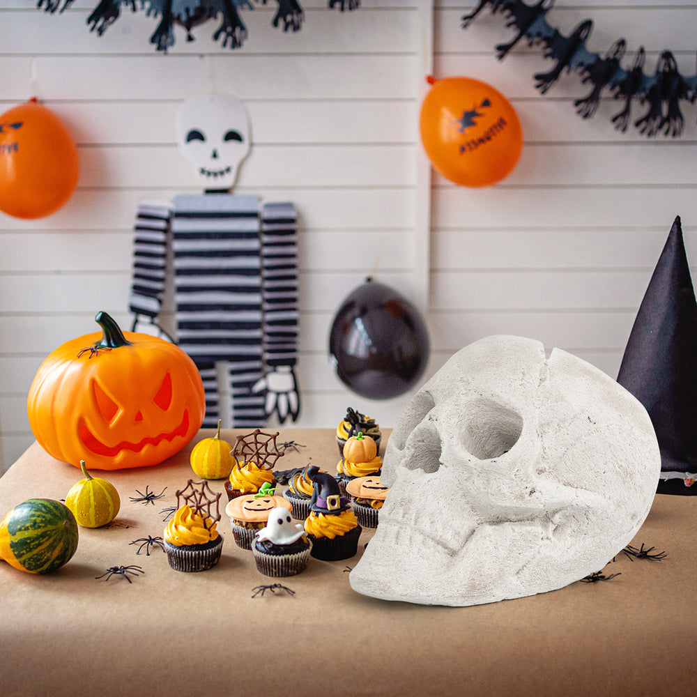 Realistic beige ceramic fibre skull decoration for Halloween, perfect for creating a spooky ambiance at parties or.