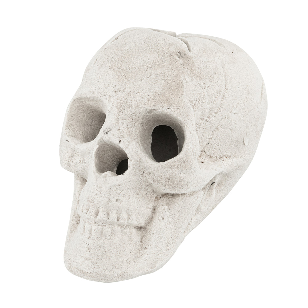 Realistic beige ceramic fibre skull decoration for Halloween, designed for fire pits with spooky details and fireproof.