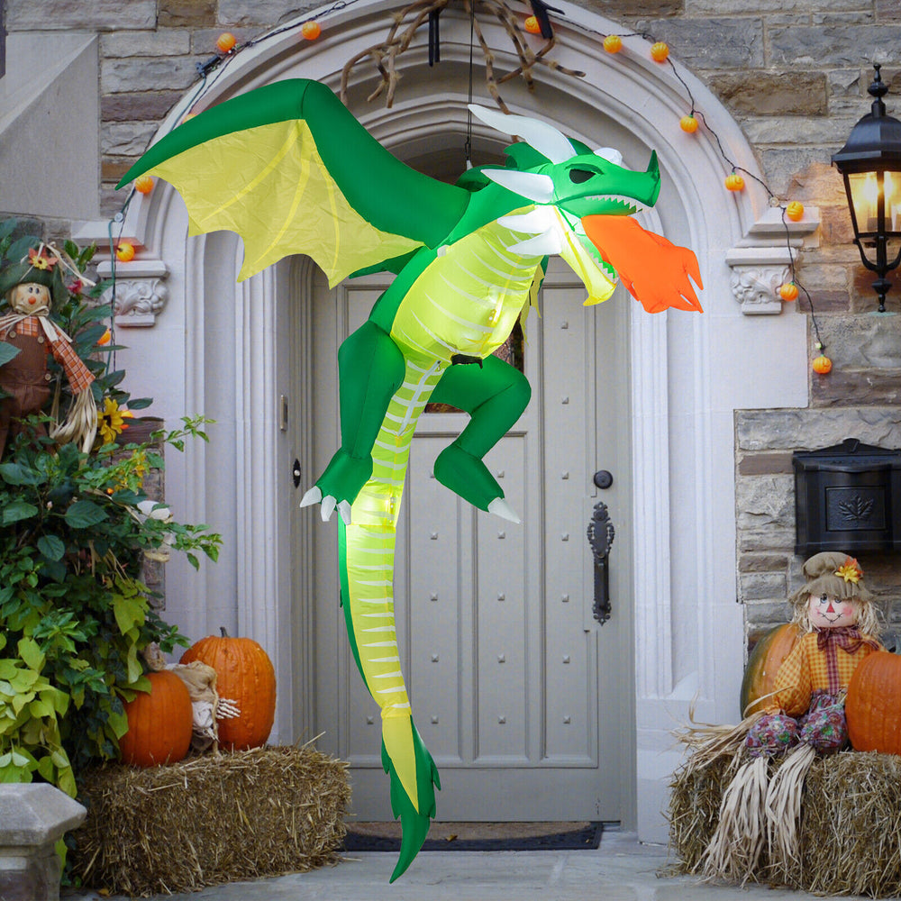 Hanging 5 feet inflatable dragon with vibrant green color, perfect for Halloween yard or porch decoration.