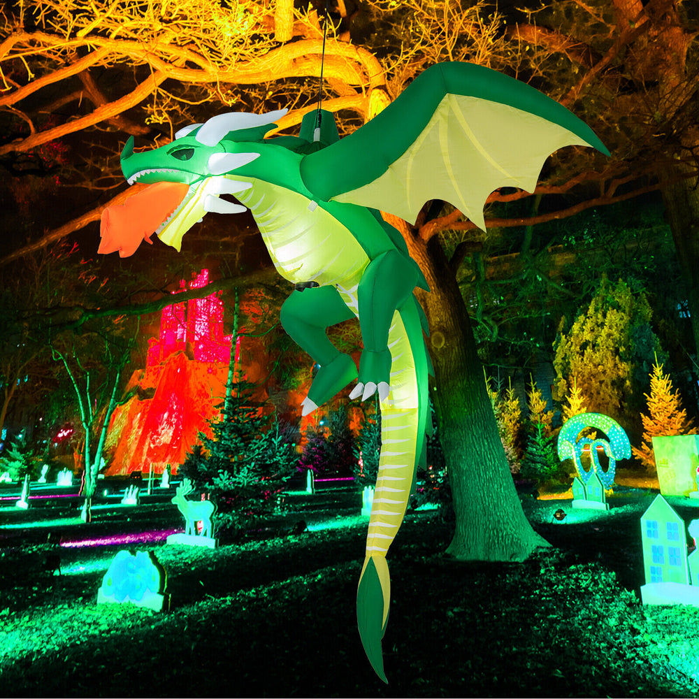 Hanging 5-foot Halloween inflatable dragon with vibrant colors, perfect for outdoor yard decoration.