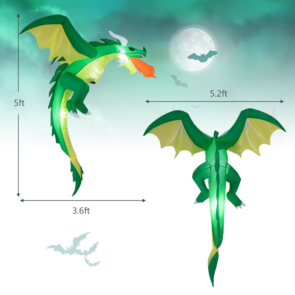 Hanging 5 feet inflatable dragon with vibrant colors, perfect for Halloween yard decoration, includes stakes for easy.