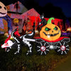 Halloween inflatable LED lighted carriage featuring a pumpkin, skeleton dragon, and Grim Reaper for outdoor decoration.