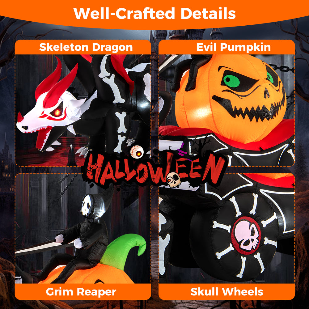 Halloween inflatable LED lighted carriage featuring a skeleton dragon, evil pumpkin, and grim reaper for outdoor.