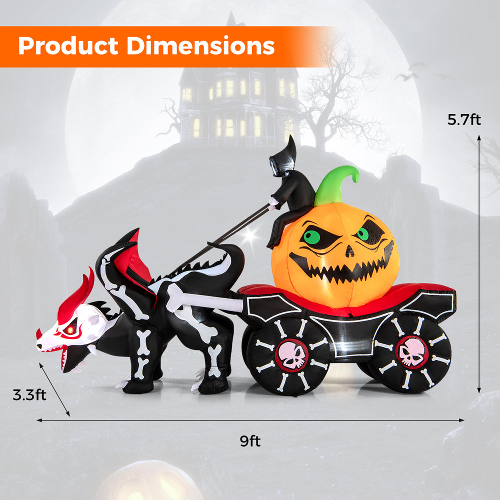 Halloween inflatable LED lighted carriage featuring a skeleton dragon and pumpkin, 9ft long for outdoor decoration.