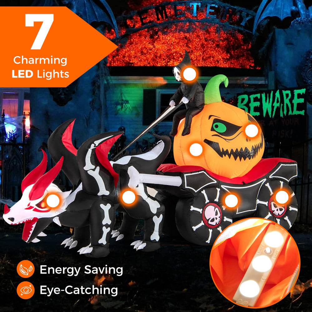 Halloween inflatable carriage featuring a grim reaper, skeleton dragon, and 7 LED lights for outdoor decoration.