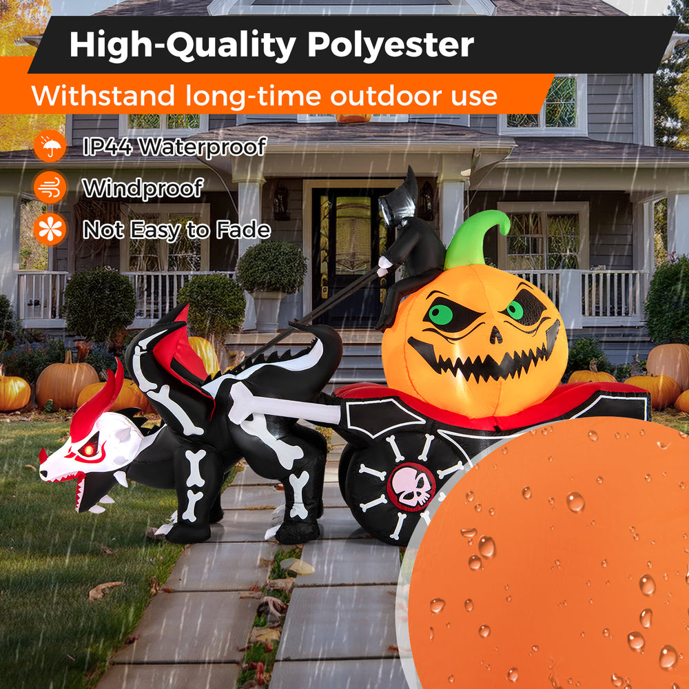 Halloween inflatable LED lighted carriage with pumpkin and skeleton dragon, made from weather-resistant polyester for.