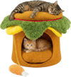 Hamburger cat nest in yellow with removable cushion, featuring a plush chicken drumstick toy for indoor cats.