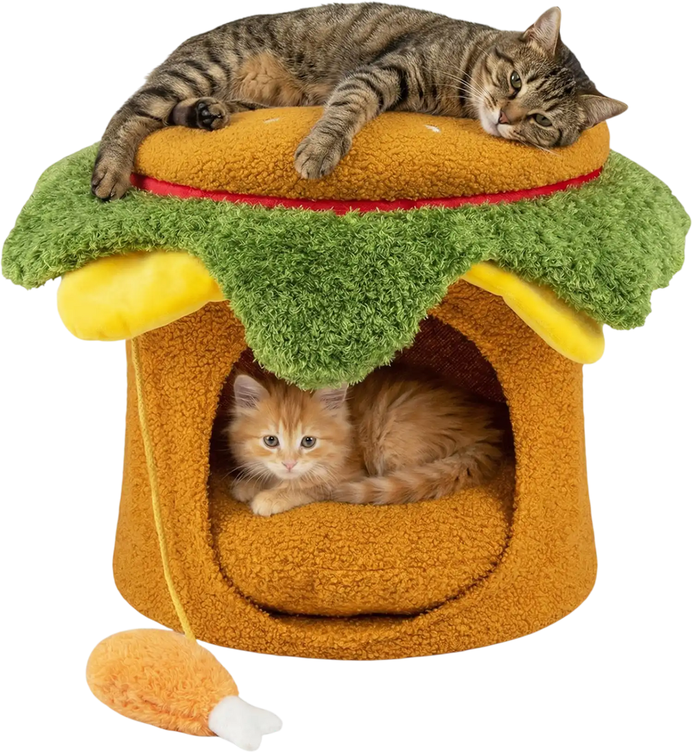 Hamburger cat nest in yellow with removable cushion, featuring a plush chicken drumstick toy for indoor cats.