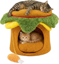 Hamburger cat nest in yellow with removable cushion, featuring a plush chicken drumstick toy for indoor cats.